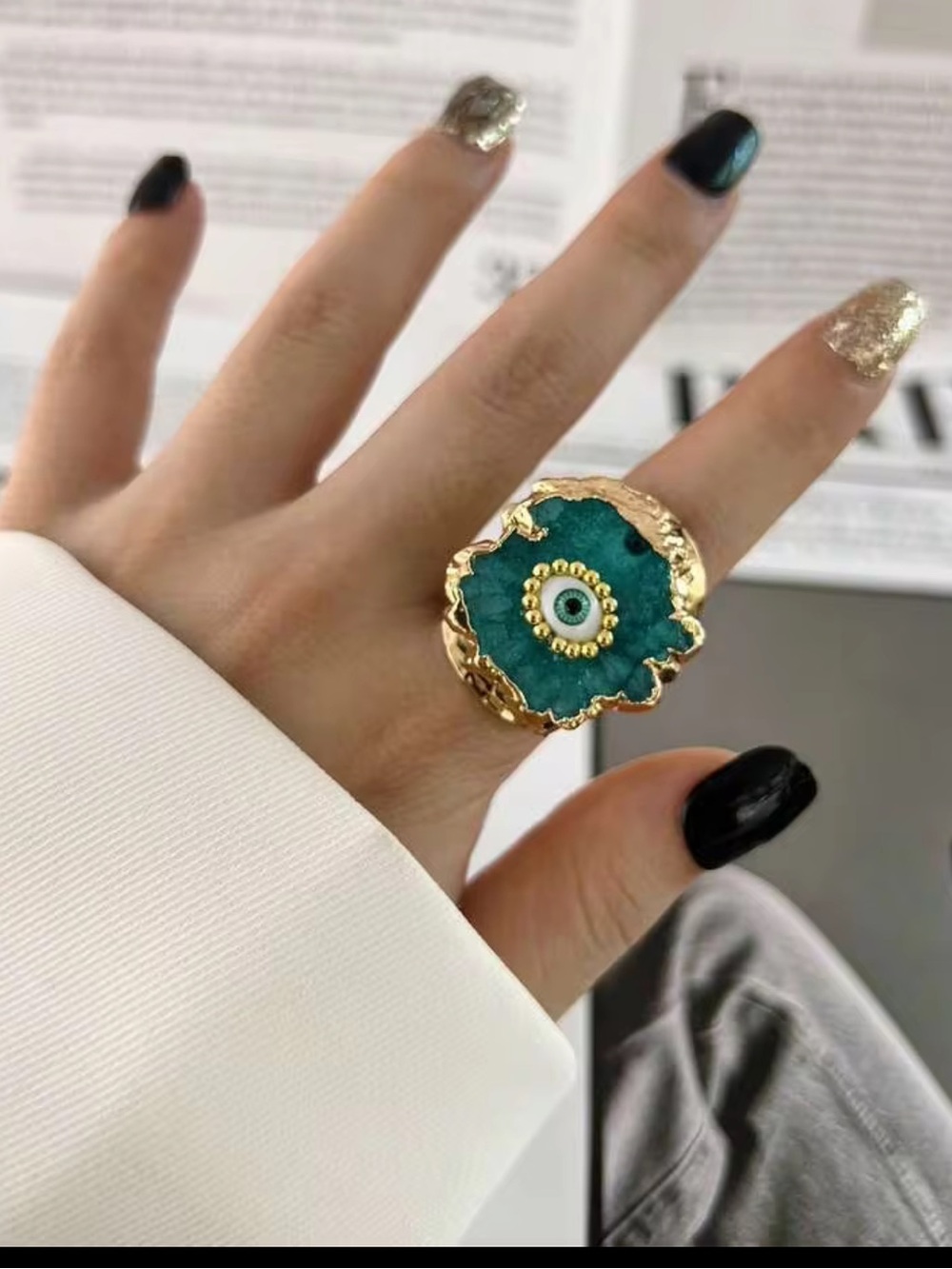 New! Gold-Plated Synthetic Geode Druzy Agate Green Evil Eye Statement Ring